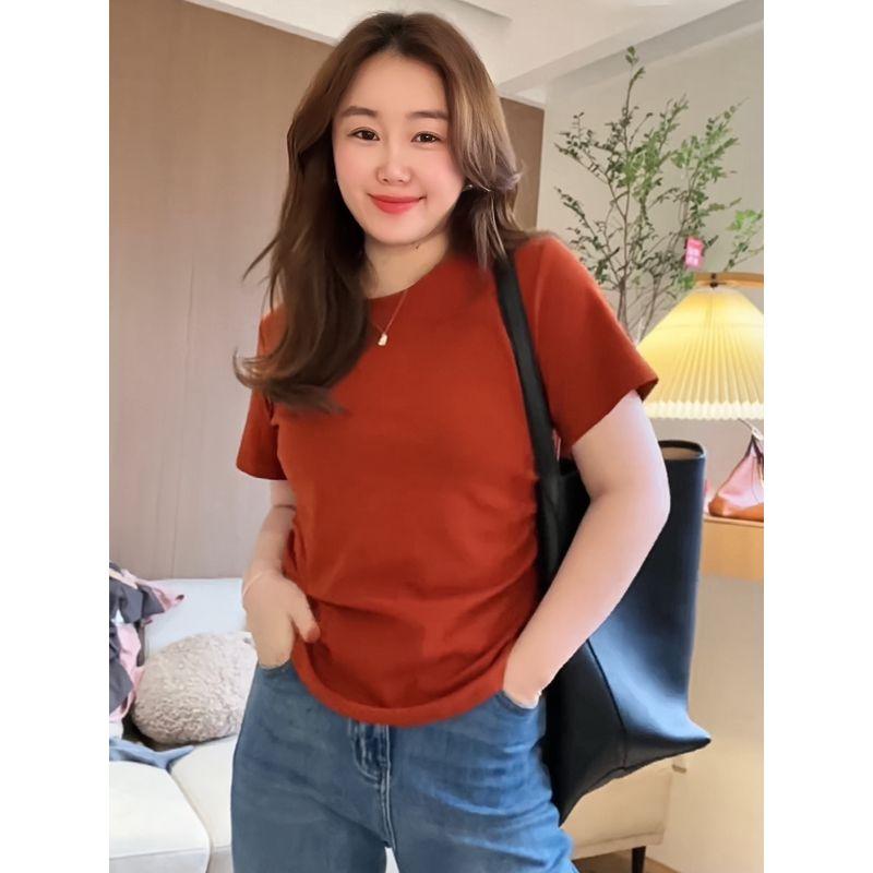 

Plus Size Women s Clothing 2025 Summer New Arrival Fat Sister Pure Color Double Waist Loose Slim Looking Shoulder Short Sleeve T-shirt Top Orange Red M