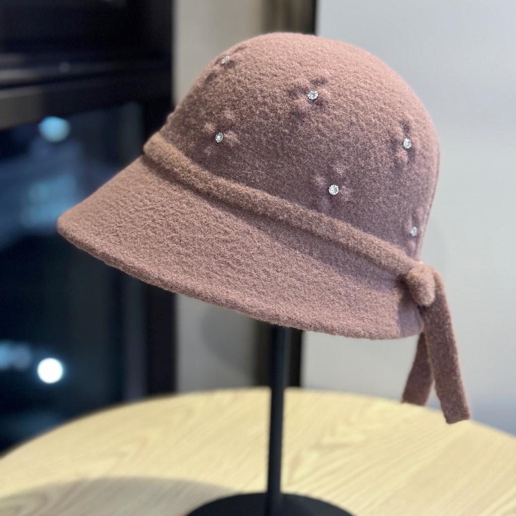 New Winter High-end Handmade Woolen Hat with Rhinestone Decoration, Japanese-style Warm Fisherman Hat, Elegant Women's Bucket Hat, Trendy