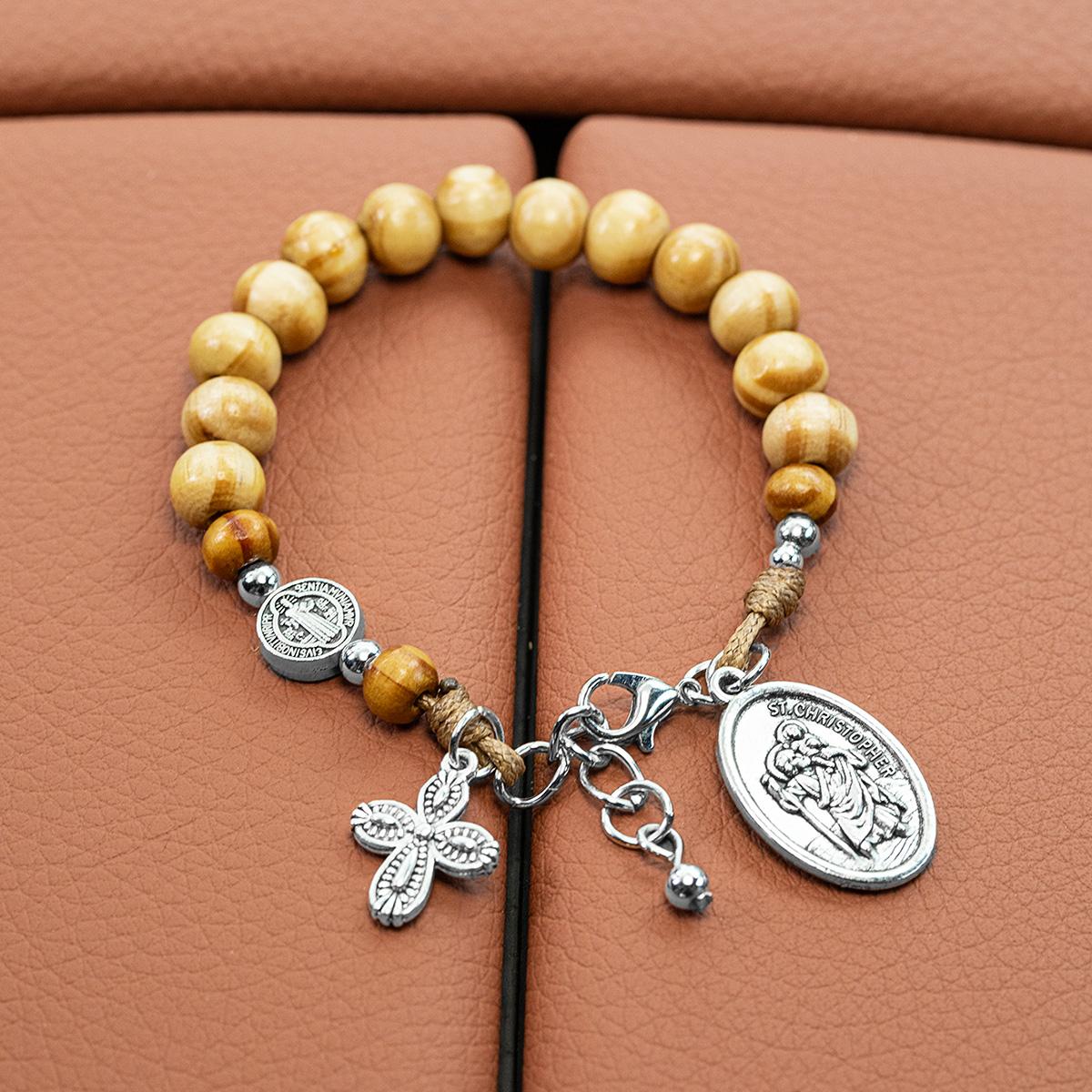 

Religious Style Car Hanging Ornament, Vintage Alloy Pendant with Natural Wooden Beads Car Steering Wheel Pendant