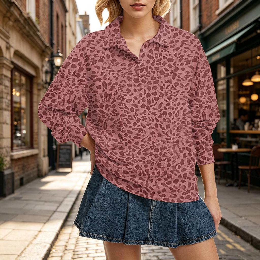 Women's Long Sleeve Leopard Print Top Casual Loose Fit Lapel Collar Blouse for Fall and Winter