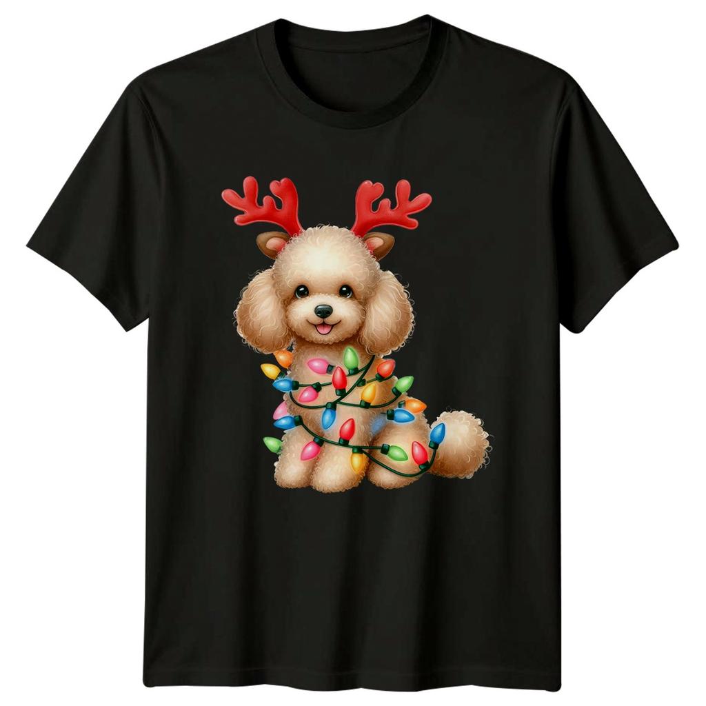 Poodle Dog Christmas Holidays Unisexs Unisexs Graphic Tee Reindeer Antlers Lights