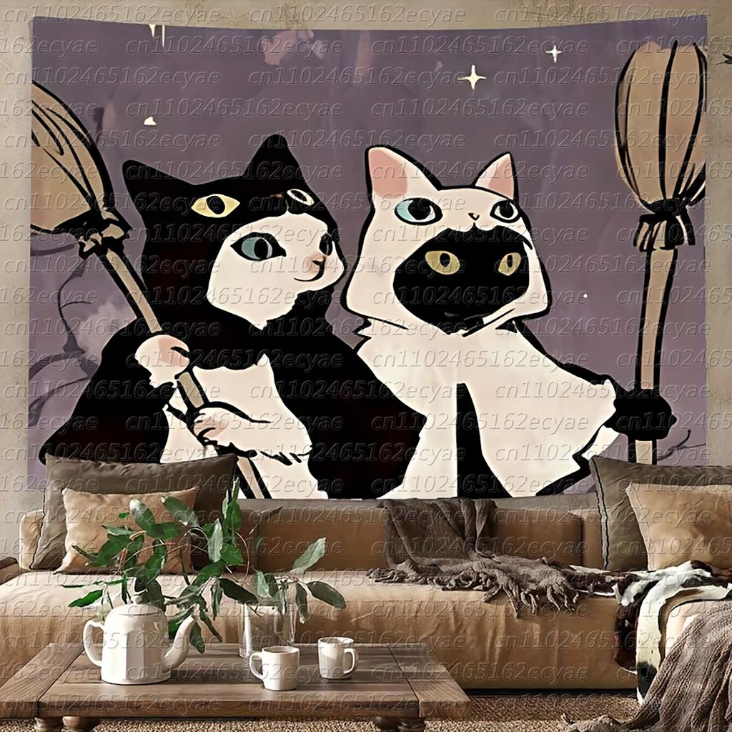 1pc Black and White Cat Cartoon Tapestry Wall Hanging for Living Room Bedroom Decoration Includes Simple Installation Kit