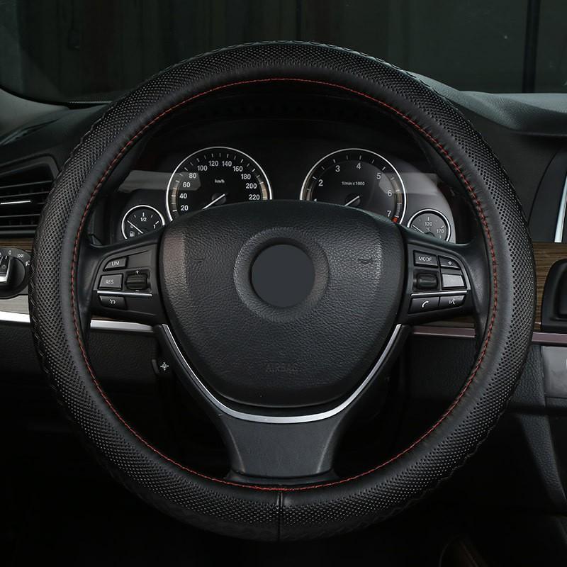 Universal Leather Steering Wheel Cover With Perforated Design Sport Style 36cm 38cm 39cm Diameter