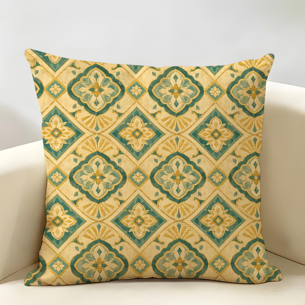 Bohemian Tile Print Cushion Cover Durable Hypoallergenic Organic Linen Short Pillow Cover Washable
