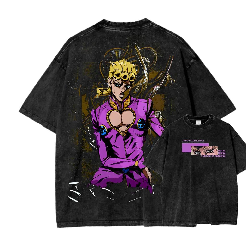 Anime JoJo's Bizarre Adventure Giorno Giovanna Printed Tee Men Women Washed Cotton T-shirts Vintage T Shirt Harajuku Male Tshirt