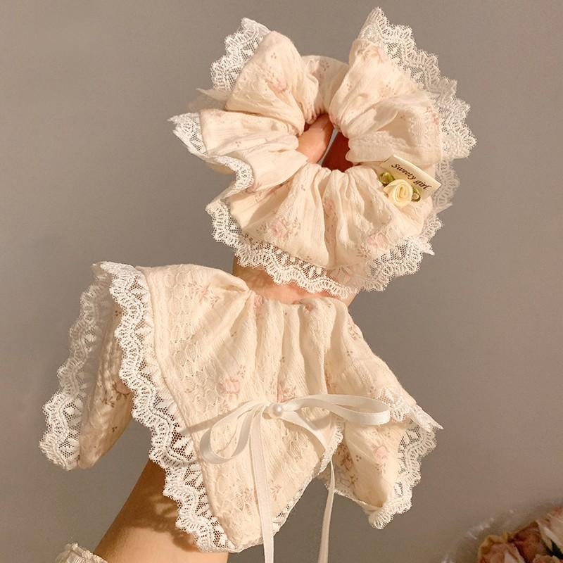 New Style, Fresh Pink Floral Print, Bow Tie, Lace Handkerchief, Headband, Women's, Korean Style, Large Headband, Versatile Hair Accessory