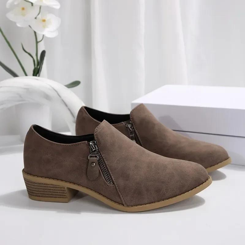 Fashion 2024 Fashionwomens Shoes Zipper Design Springandautumnnew Style Pointed Toe Solid Color Mid-heel Casual Large Size Women's Shoes