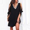 Women Summer Dress Shiny Sequin Hollow Out Deep V Neck Knot Patchwork Dress-up Loose Office Lady Party Mini Dress Women Clothes