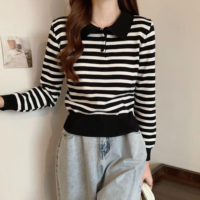 Dámský pruhovaný pletený svetr slim fit: Dlouhý rukáv, Kontrastní barvy, Ideální na podzim/zimu, Korejský styl