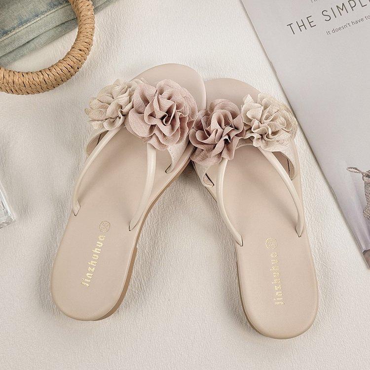 Camellia flower sandals, summer flat bottomed beach one line sandals