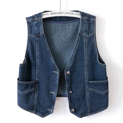 Women's European Retro V-Neck Dark Blue Denim Vest - Spring/Autumn 2025 Sleeveless Loose-Fit Outerwear