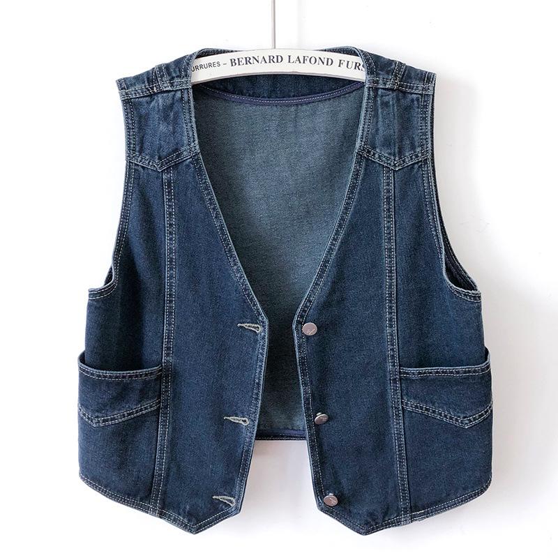 

Women s European Retro V-Neck Dark Blue Denim Vest - Spring/Autumn 2025 Sleeveless Loose-Fit Outerwear S (Recommended for 80-100 lbs)