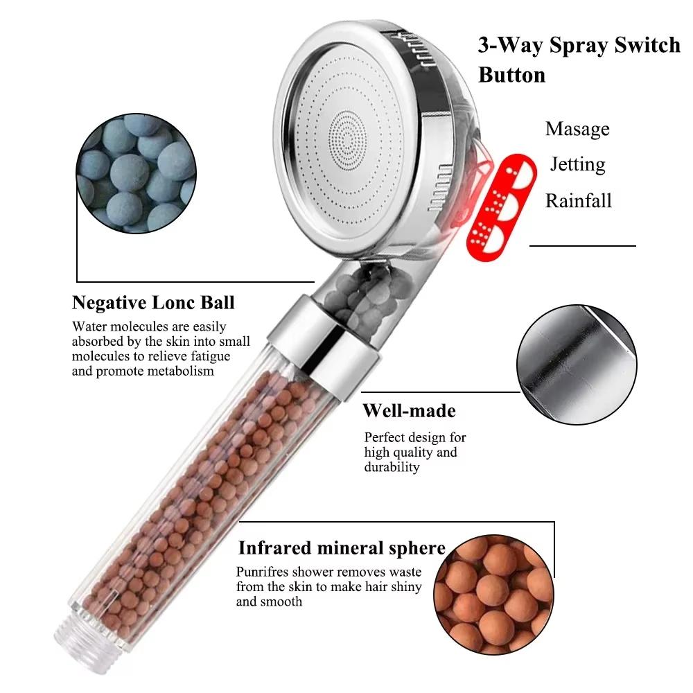 Bathroom Mineral Anion Stones Filter Shower Head 3 Modes Handheld High Pressure Water Saving Showerhead Bathroom Accessories