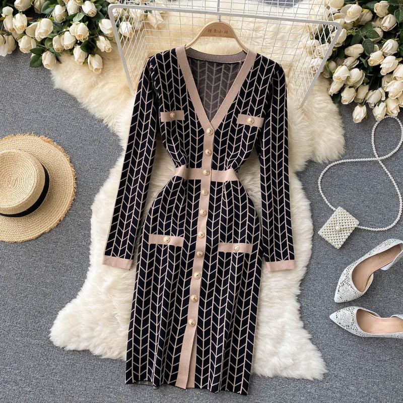 Women Design Plaid Knitted Dress Long Sleeve V Neck Single Breasted Slim  Sheath Dresses Autumn Bodycon Sweater Dress Buy cheaply on Joom