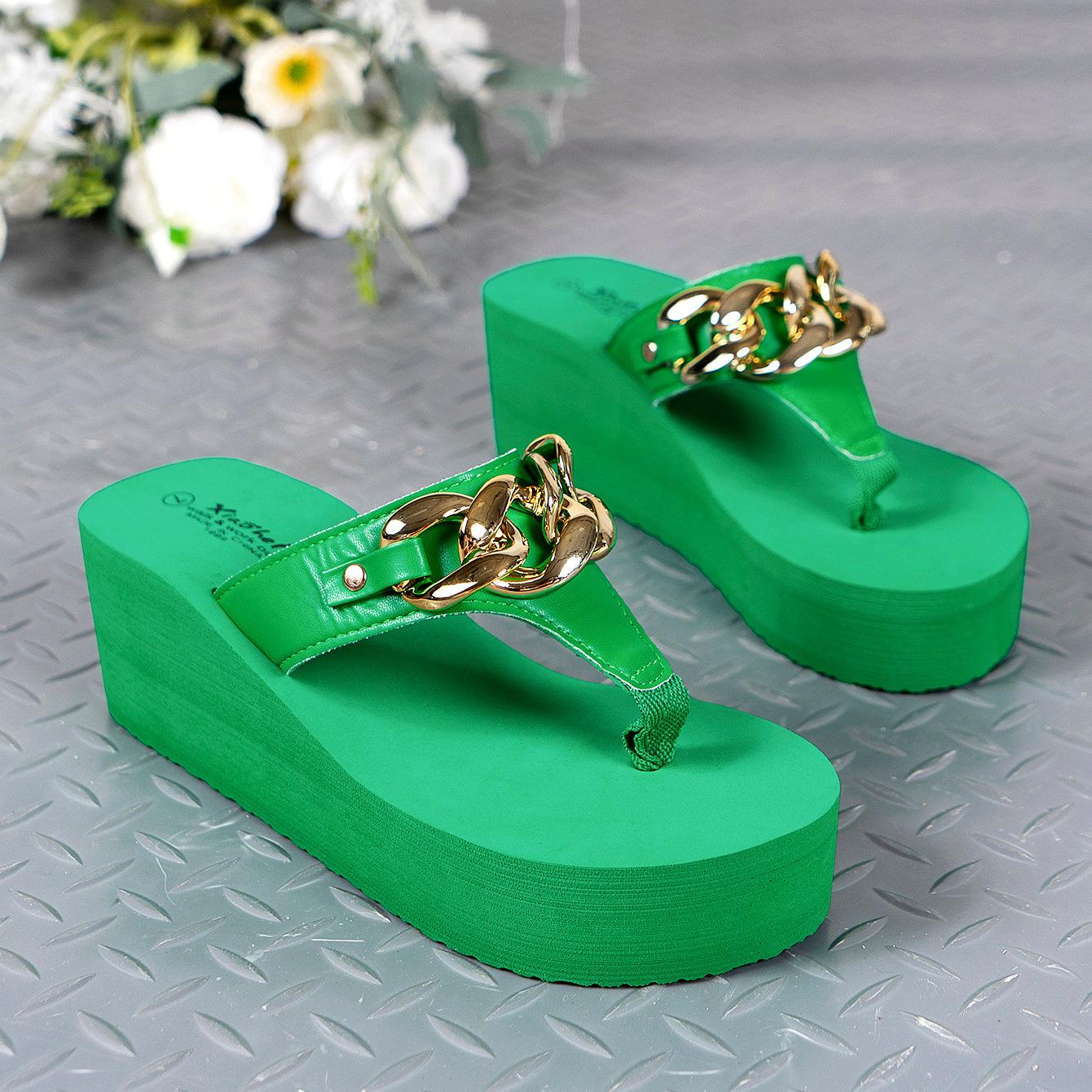 

Сяохэй летние новые женские шлепанцы на танкетке с крупной цепочкой, увеличивающие рост, дышащие, повседневные 40(us10) зелёный