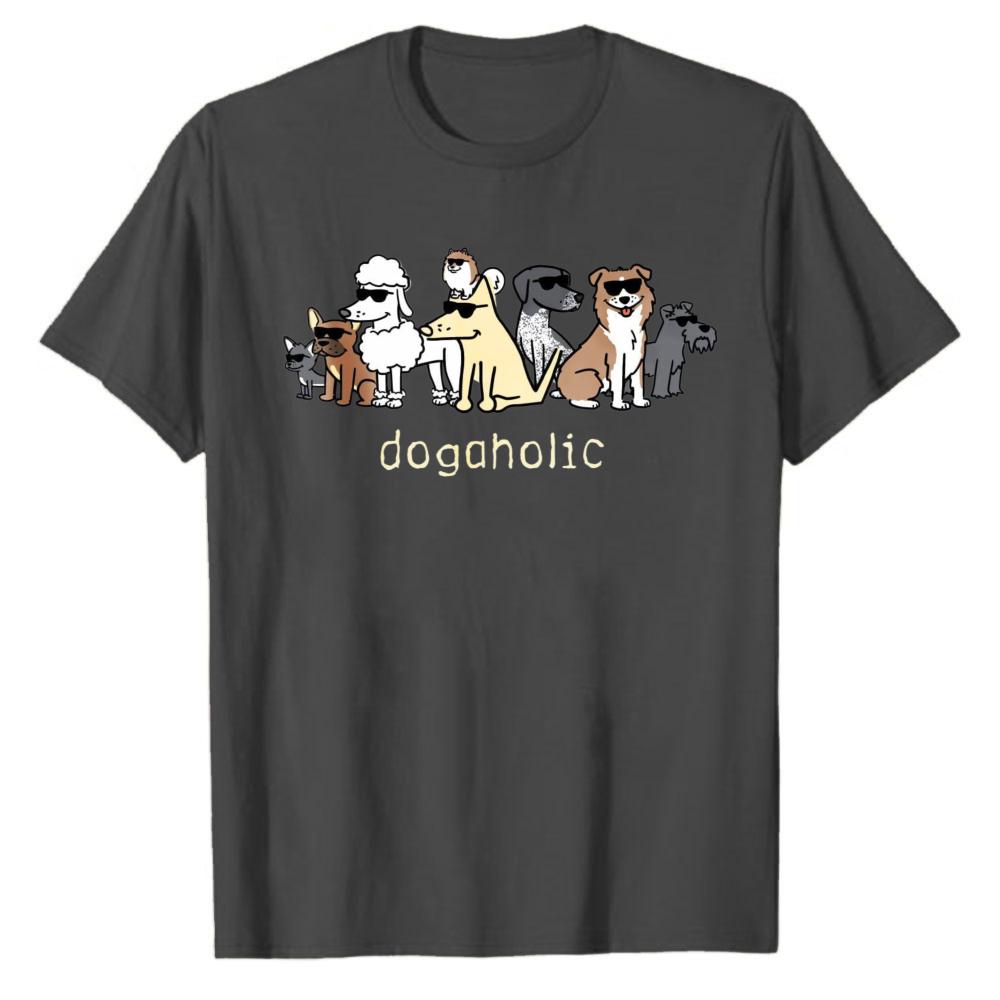 Unisex Dogaholic Cool Sunglasses Multi Breed Cartoon Dogs Horizontal Row Graphic Tshirt Crew Neck Short Sleeve Casual Tee Gift