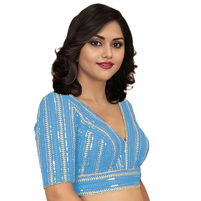Wyszukana designerska bluzka dla kobiet do sari, lehengi i na festiwale ze złotym cekinowym haftem, dekolt w serek, żorżetowa bluzka, stylowa, gotowa do noszenia