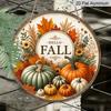 2D Flat, 1pc Round "Hello Fall" Pumpkin Aluminum Hanging Ornament, Vintage Maple Leaf Autumn Floral Farmhouse Print, Metal Wall Door Hanging Decor