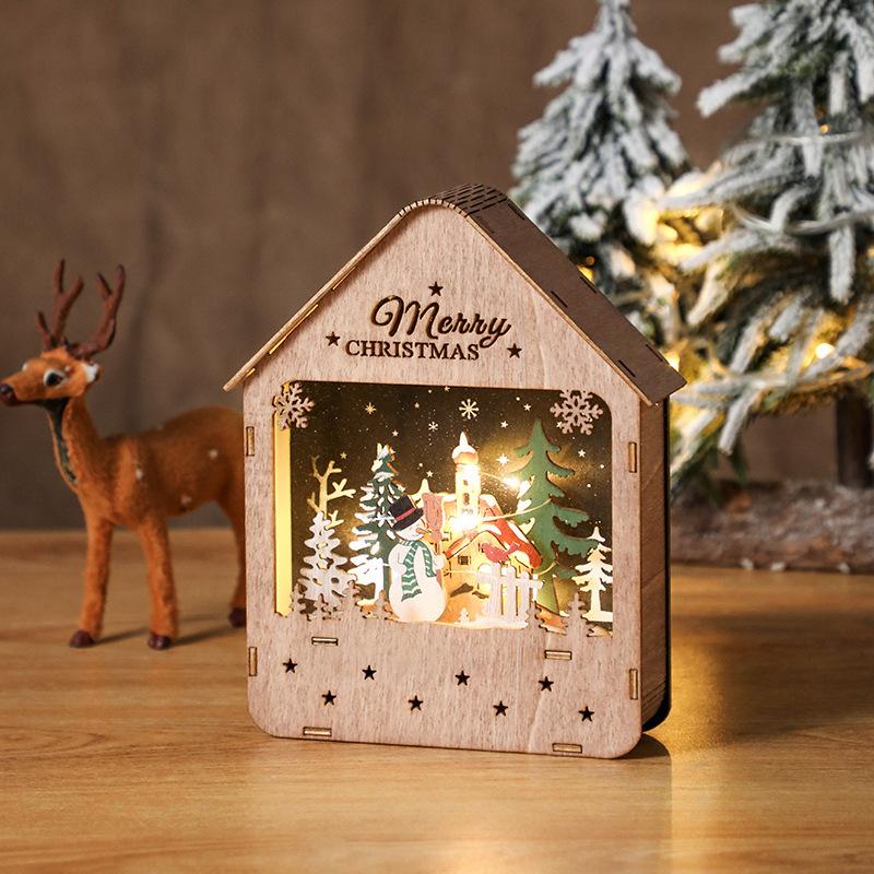 Christmas Glowing Log Cabin Painted Wooden House Window Scene Ornament Led Night Light Decoration Gift