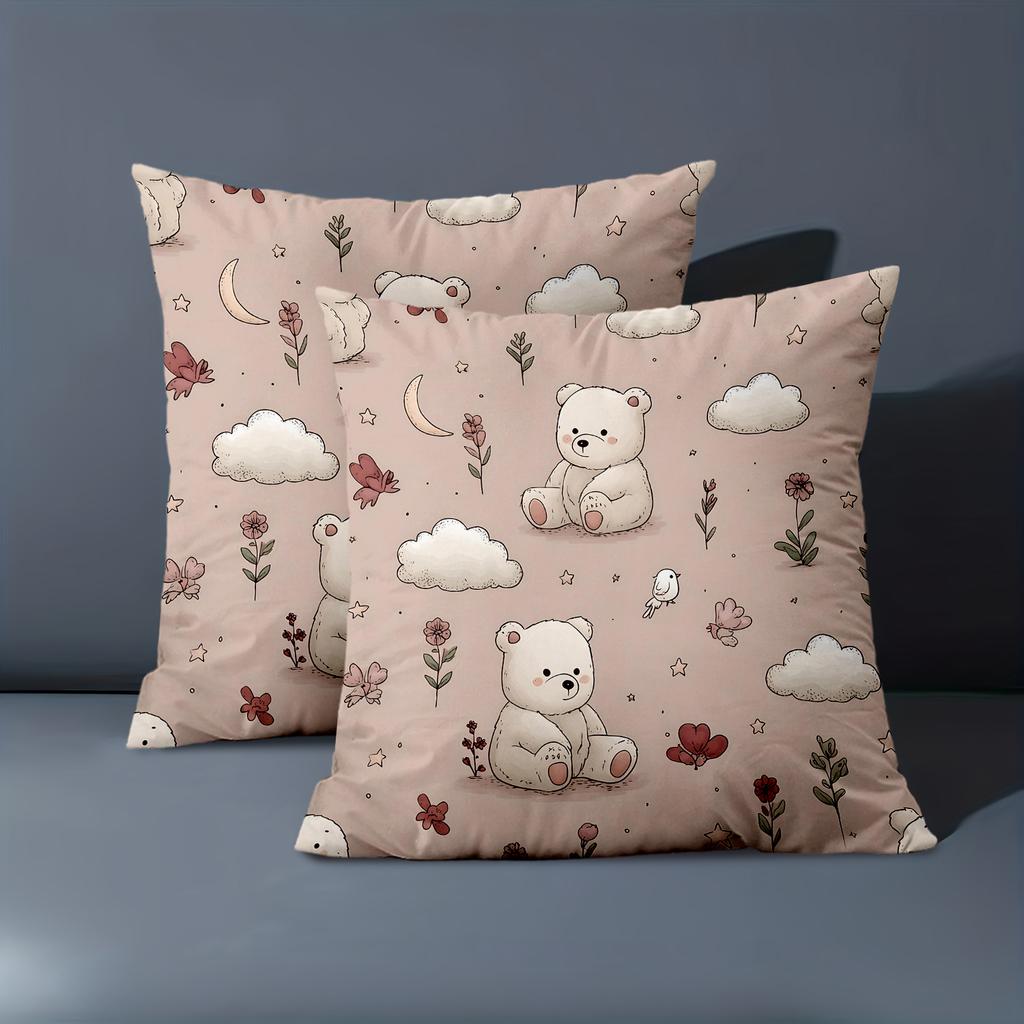 1 Pieces Cute Bear Cloud Flower Pattern Throw Pillow Polyester Pillowcase, Sofa Decorative Cushion Cov Headboard Pillow