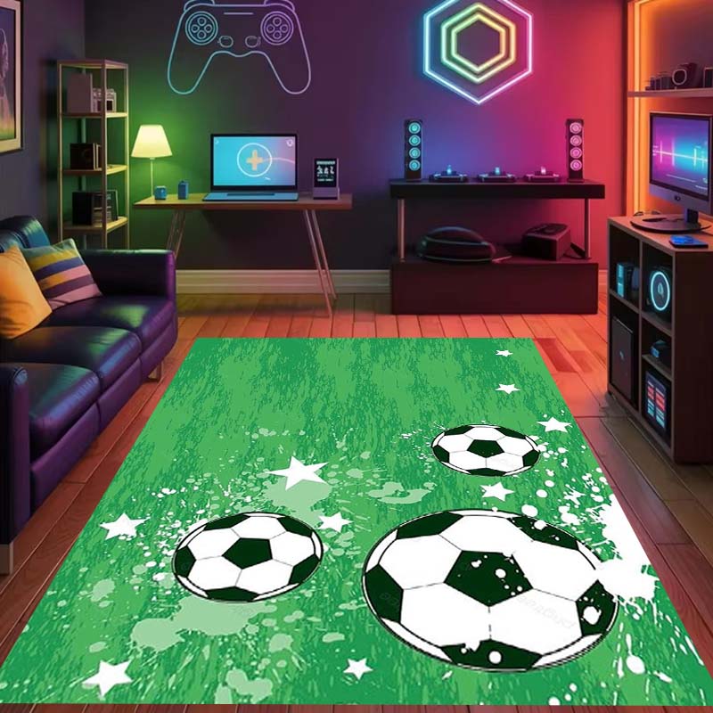 Flame-lit 3D Soccer Ball Rug, Gaming Room Mat for Boys' Bedrooms, Cool and Unique Non-slip Mat for Bedside Use.