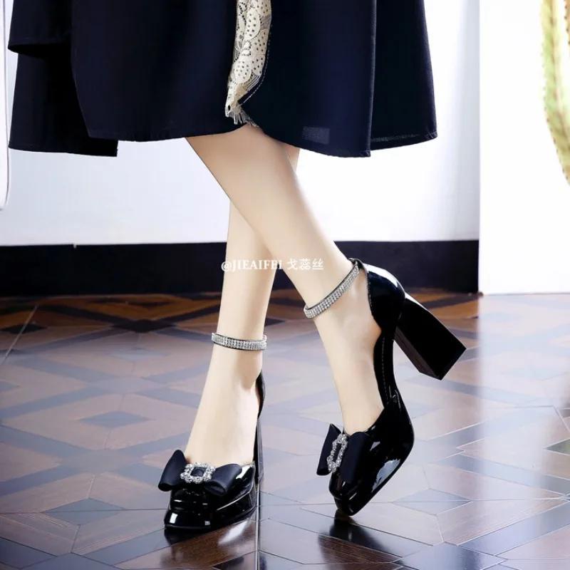 Fashion 2025 Fashion Women's High Heels Square Toe Bow Tie Chunky Heels Dress Pumps Buckle Strap Crystal Shoes for Shoes Female Zapatos