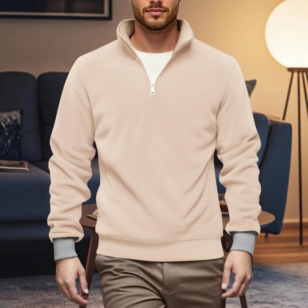 Men's Casual Solid-color Stand-up Collar Pullover, One-third Zipper Long-sleeved Men's Fleece Thickened Warm Sweatshirt