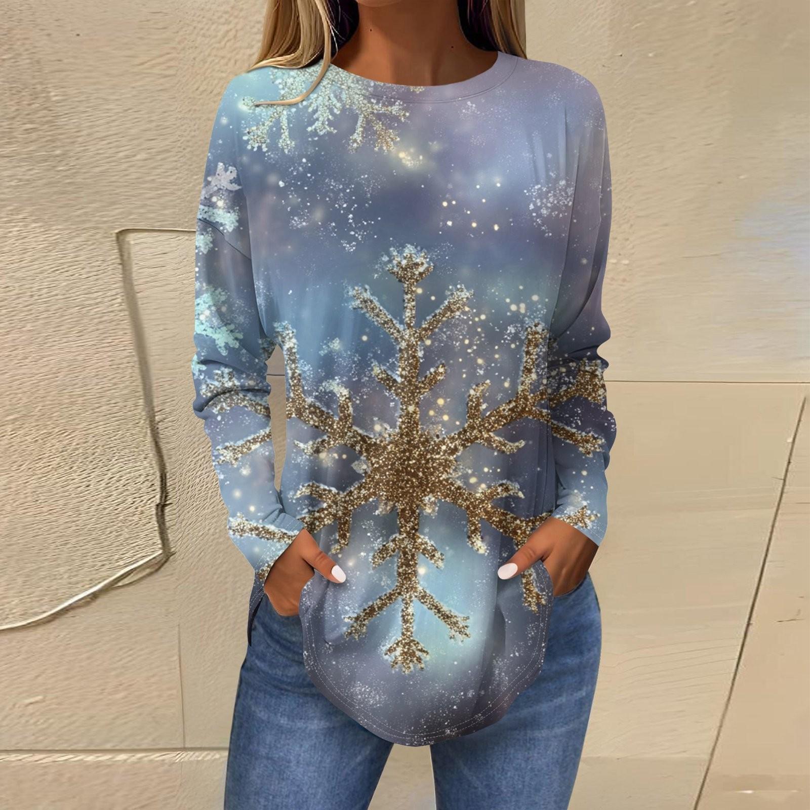 

Женская свободная футболка с круглым вырезом и длинными рукавами с принтом в стиле ретро, пуловер на Рождество L