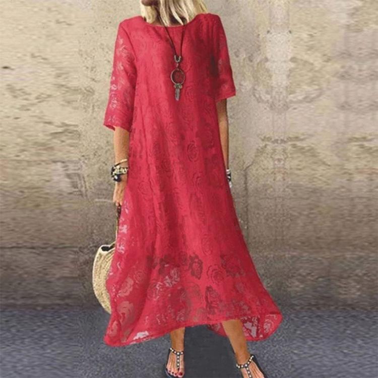 2023 Summer Europe and America Hot Item: Round Neck Short Sleeve Lace Long Casual Dress