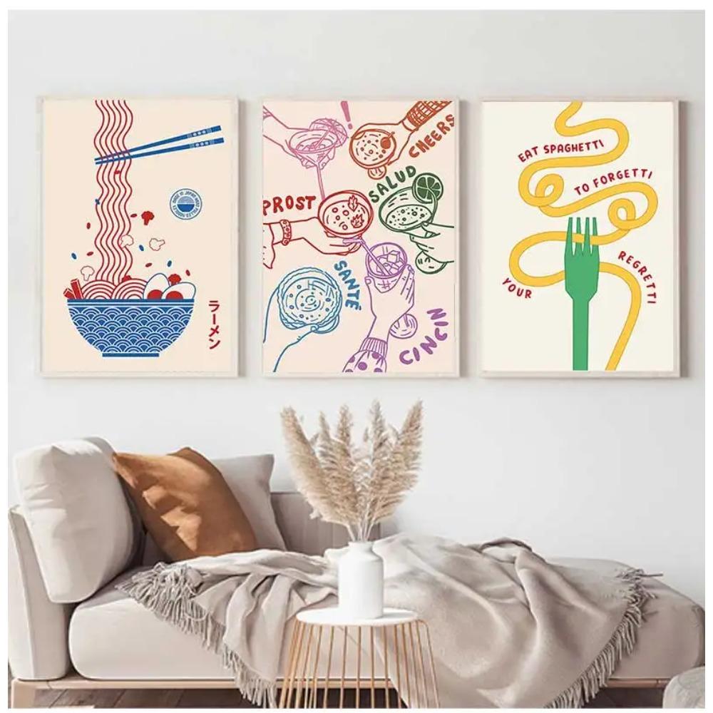 Japanese Ramen Pasta Oranges Lemon Wine Cheers Poster  Canvas Painting Print Wall Art Picture for Living Room Kitchen Home Decor