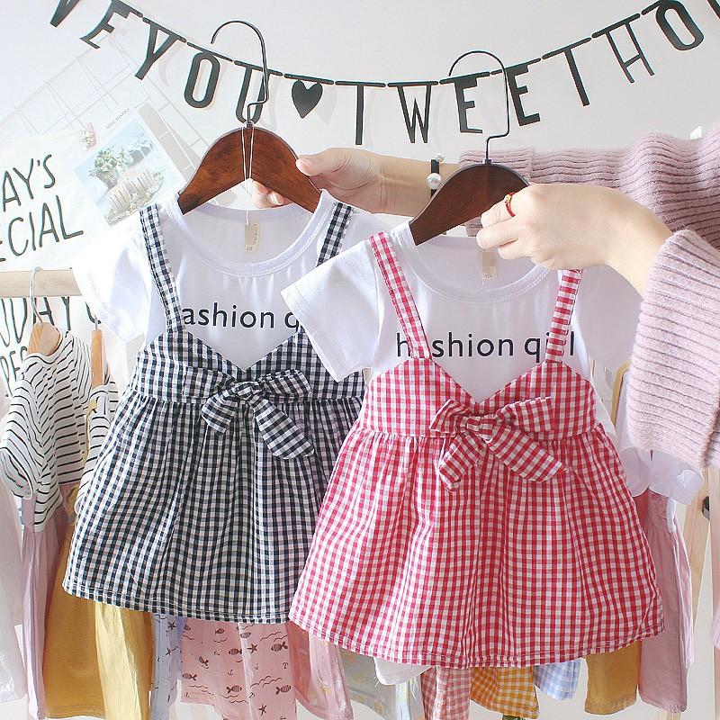 Children Summer Girls Cute Plaid Fake Two Piece Bottoming Short Sleeved Sweet Princess Dress