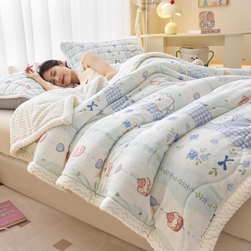 Winter Thick Three-Layer Quilted Blanket Milk Flannel Multifunctional Warm Blankets for Home Cartoon Printed Single Sofa Cover