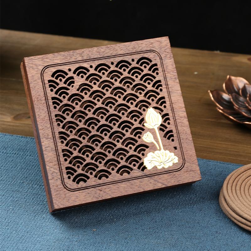 

Square Shape Wood Incense Coil Incense Burner Engraved Hollowed-out Pattern Lotus Auspicious Clouds Zen Interior Table Display