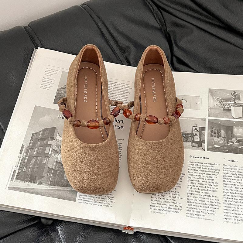 

Женские туфли-лодочки с плоской подошвой, неглубоким вырезом и бусинами, новинка осени 2025 года, нежные, подходящие к юбке, в национальном стиле, туфли Мэри Джейн, туфли Доу-доу 40 хаки