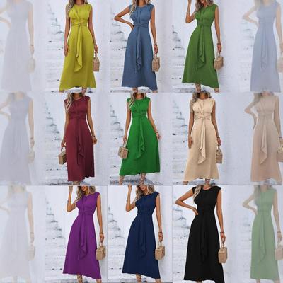New Summer Women's Fashion Casual Solid Waist Tie Long Sleeveless Dress