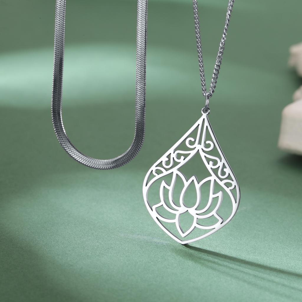LIKGREAT Lotus Pendant Necklace Lotus Flower Double Layer Choker Stainless Steel Buddhist Yoga Meditation Jewelry Gift for Women