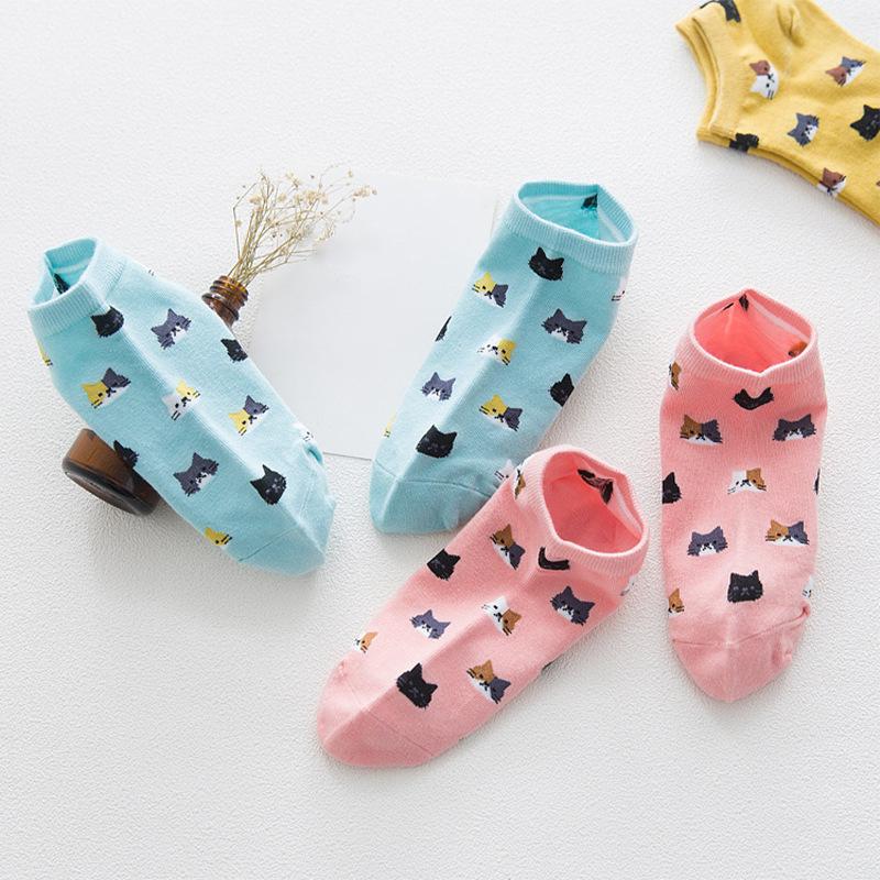 5 Pairs/Set Women's Cat Pattern Cartoon Cute Ankle Socks Breathable Comfty Short Cotton Socks Spring Summer