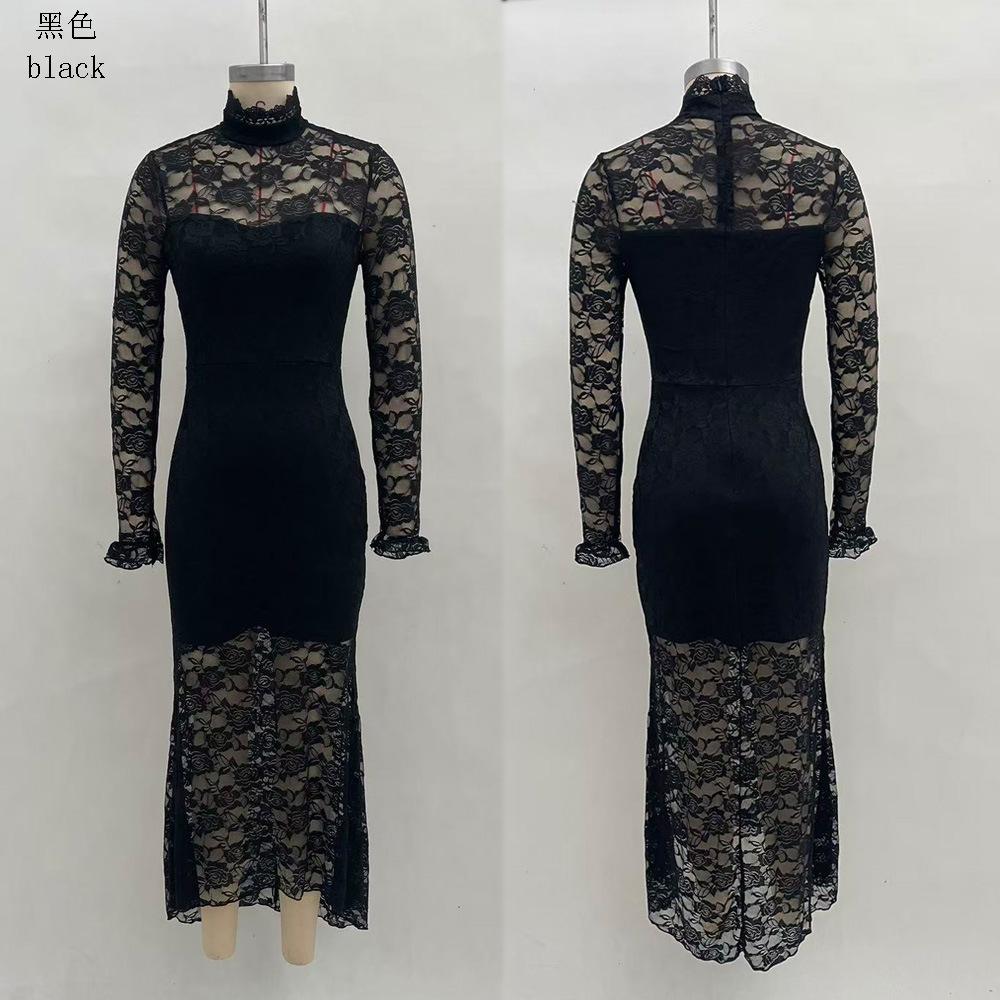 European and American luxury temperament banquet long-sleeved dress season high-waisted slim figure hip-hugging long skirt girl S чёрный