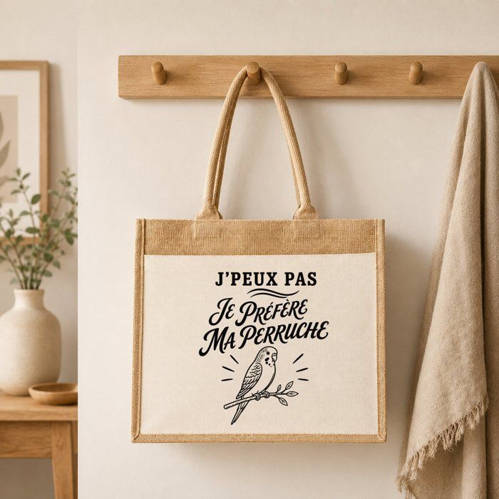 Sac Cabas - PLANETEE - J'peux pas minimaliste - Perruche (illustration) - Toile de jute & coton - 21 L
