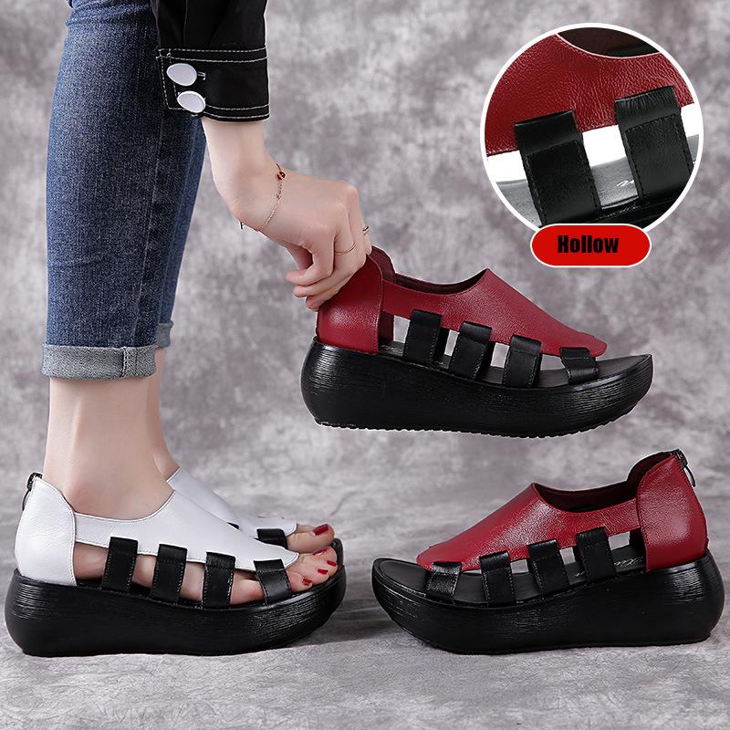 Fashion GKTINOO 2024 Summer Genuine Leather Flat Platform Sandals For Women Hollow Out Mixed Colors Breathable Peep Toe Ladies Sandals