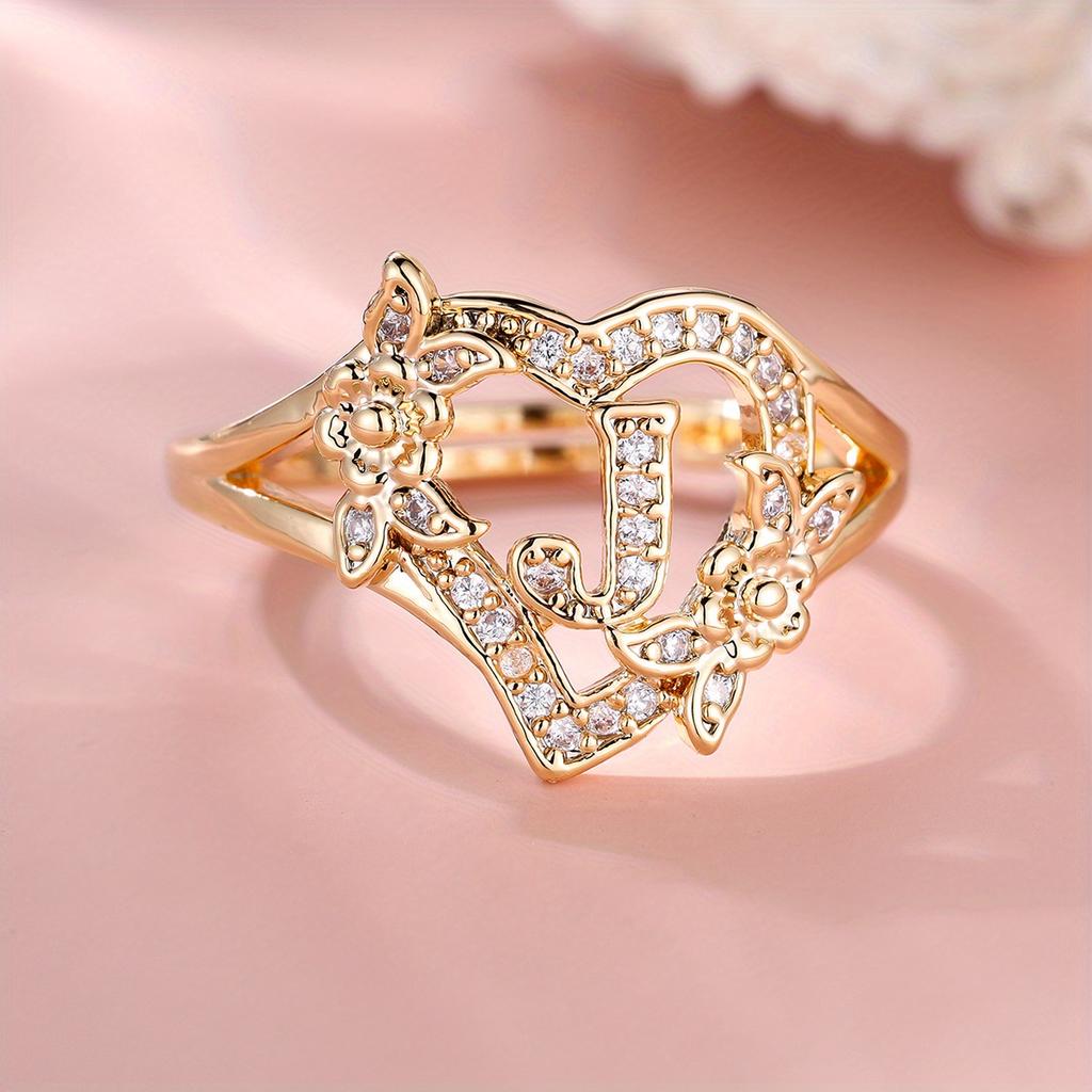 1 Stück goldene Farbe 26 englische Buchstaben CZ Zirkon Ring Rose Blume verstellbare Öffnung Ring Ehering Schmuck Valentinstag Geschenk