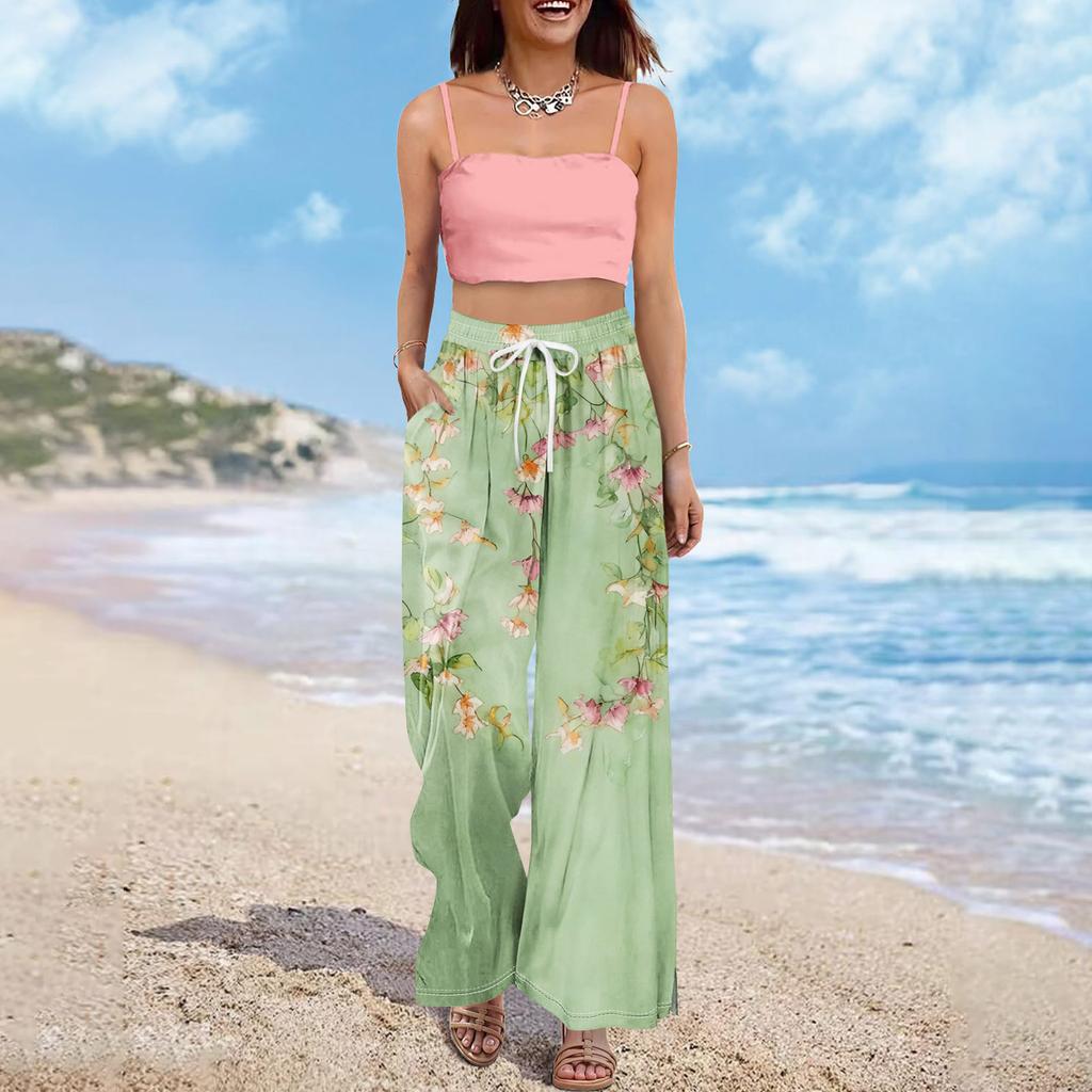 Women Summer Boho Palazzo Pants High Waist Wide Leg Floral Printing Casual Trousers With Pockets