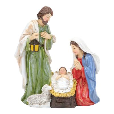 Resin Craft Holy Family Nativity Scene LED Light and Button Cell Operate Festival Ornament for Family Use