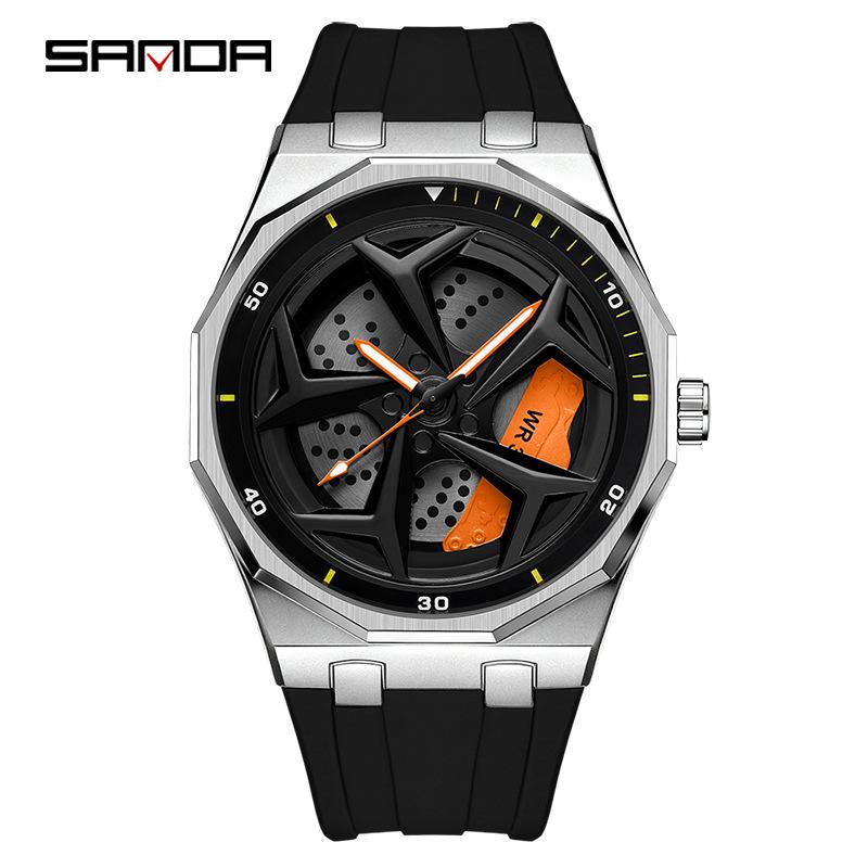 SANDA Men's Waterproof Luminous Polygonal Quartz Watch with 3D Rotating Dial and Silicone Band