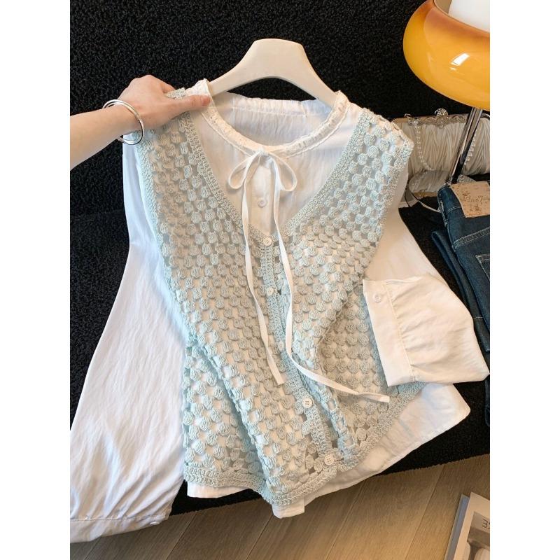 Blue Hollow Knitted Chain Vest Flared Sleeve Shirt Women's Morning Spring Reducing Top