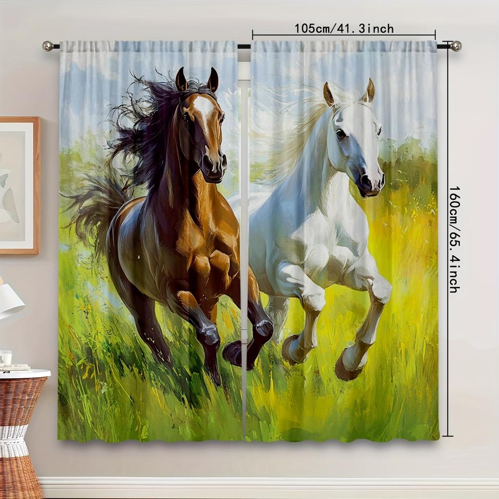 Set Of 2 Modern Equestrian Themed Curtains Vibrant Running Horses Design Chocolate Brown Platinum White Semi Transparent Curtain Made Polyester
