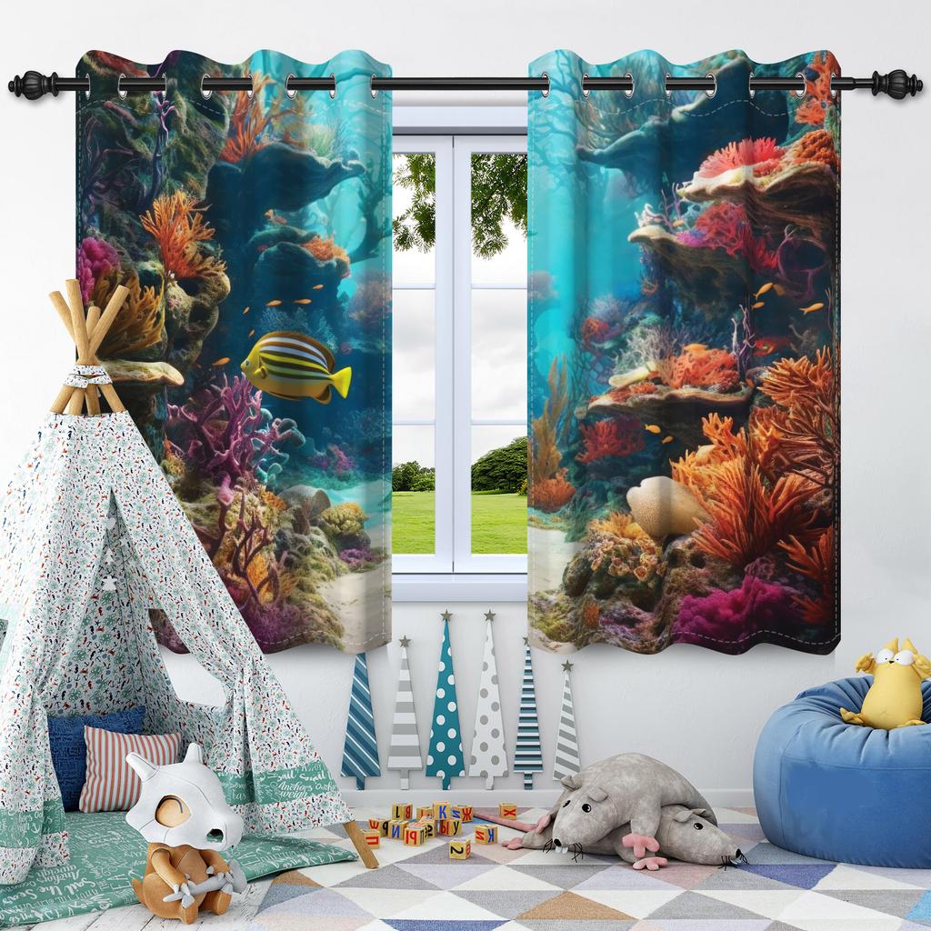 2Pcs Underwater World Pattern Blackout Curtains Coral Fish Window Drapes Thermal Insulated Children Bedroom Living Room Decor