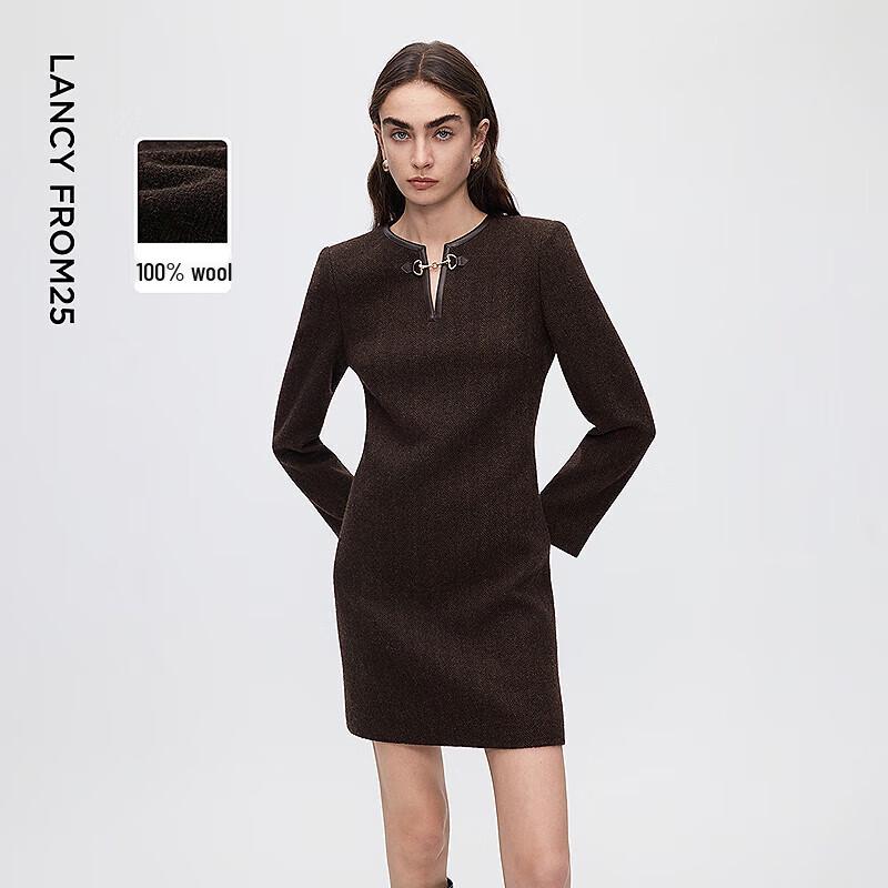 

LANGZI 100% Wool Round Neck Straight Commuter Midi Dress