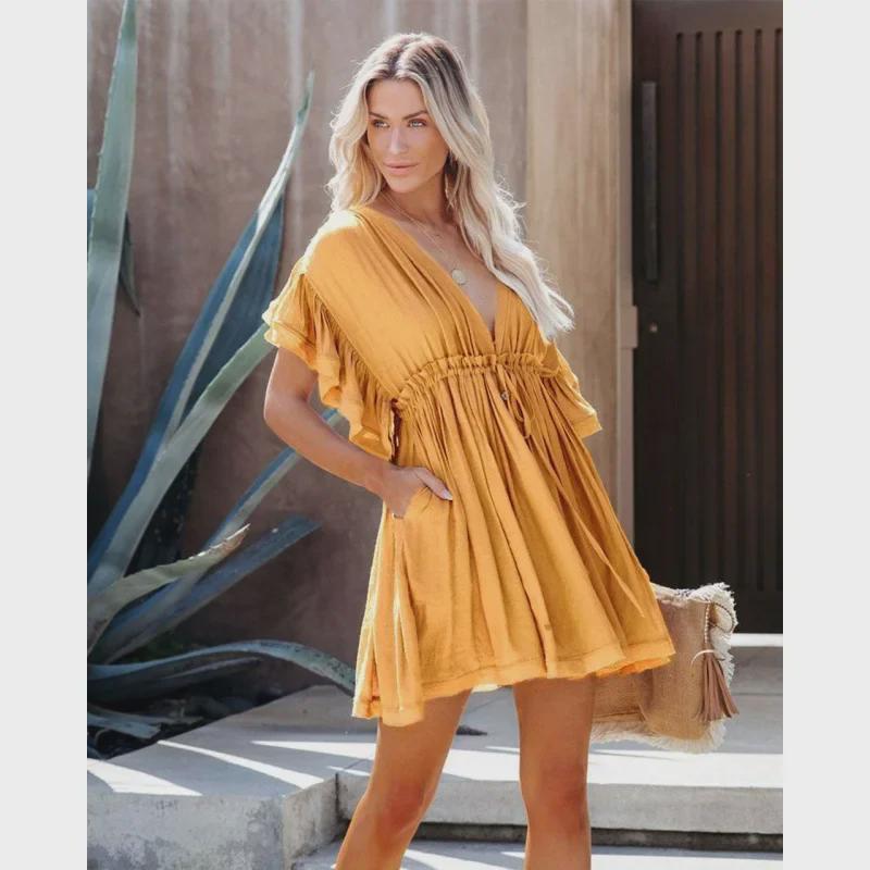 Bamboo Cotton Belted Backless Beach Cover-Up Dress