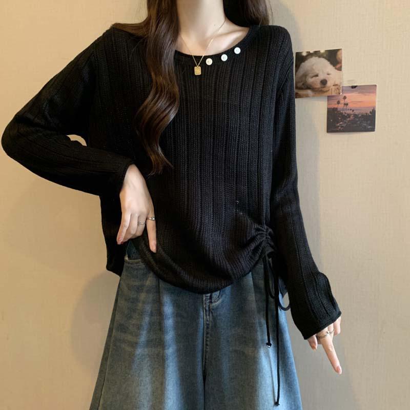 

Осенний полосатый вязаный свитер 2024 года — женский, свободный крой, круглая горловина, спущенное плечо, пуловер на завязках Large чёрный